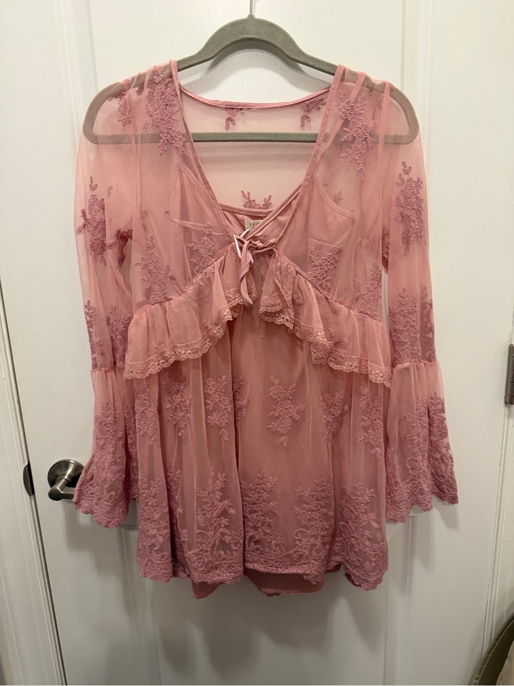 Sheer Lace-Embroidered Pink Peasant mini dress